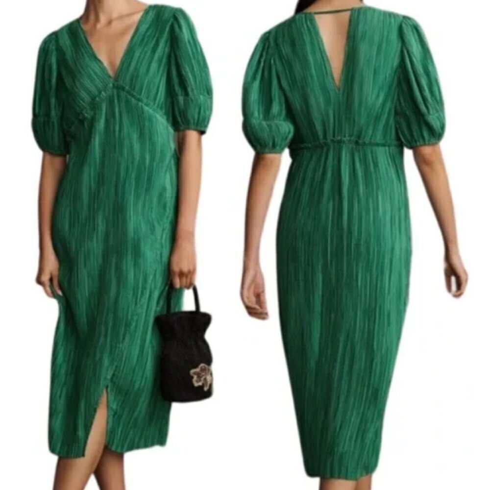 New Anthropologie Green Pleated Midi Dress Womens S Petite V Neck